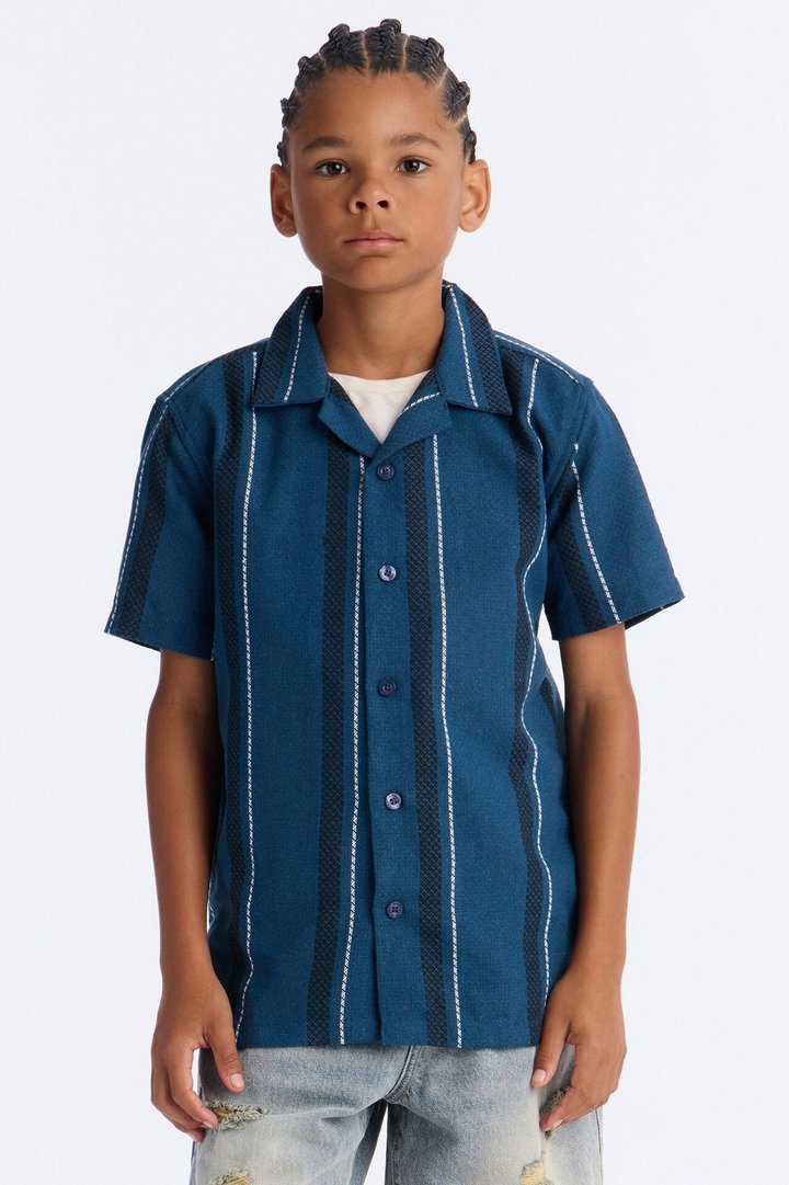 Mini Switching Up Striped Button Down Shirt - Teal