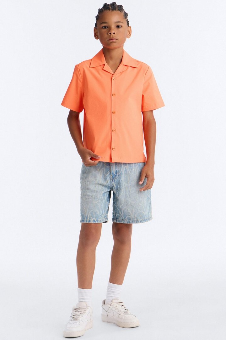 Mini Montez Cuban Collar Button Up Shirt - Orange
