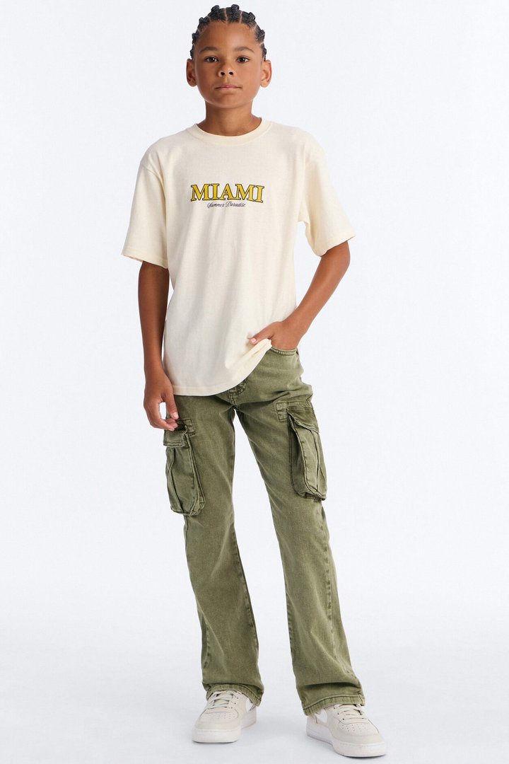 Mini Stacked Skinny Flare Albany Cargo Jean - Olive