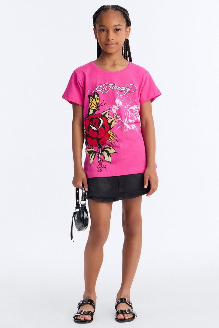 Mini Ed Hardy Beautiful Roses Short Sleeve Tee - Fuchsia