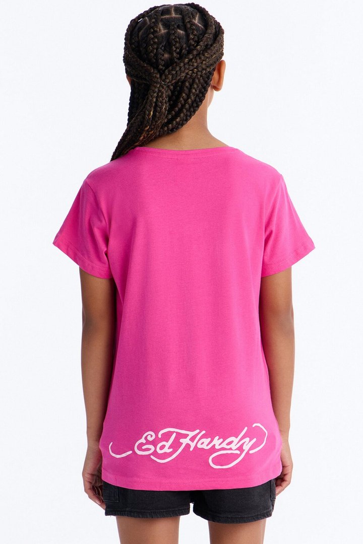 Mini Ed Hardy Beautiful Roses Short Sleeve Tee - Fuchsia