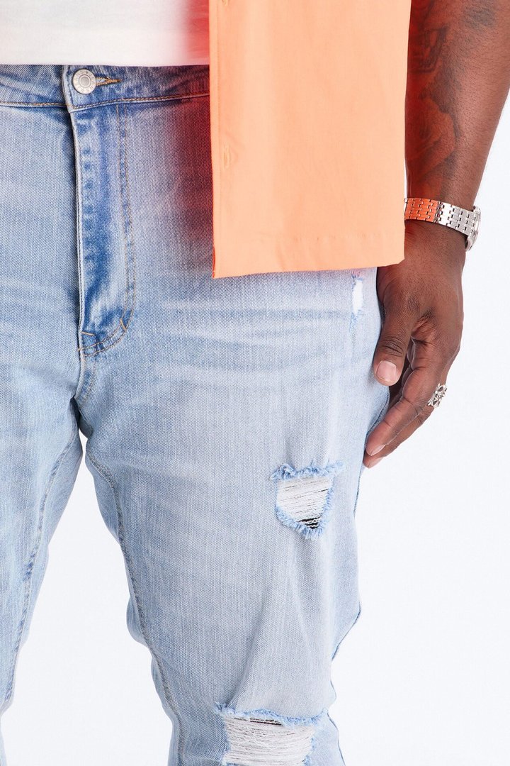 Essential Destroyed Stacked Slim Flare Stretch Jean - Light Blue Wash