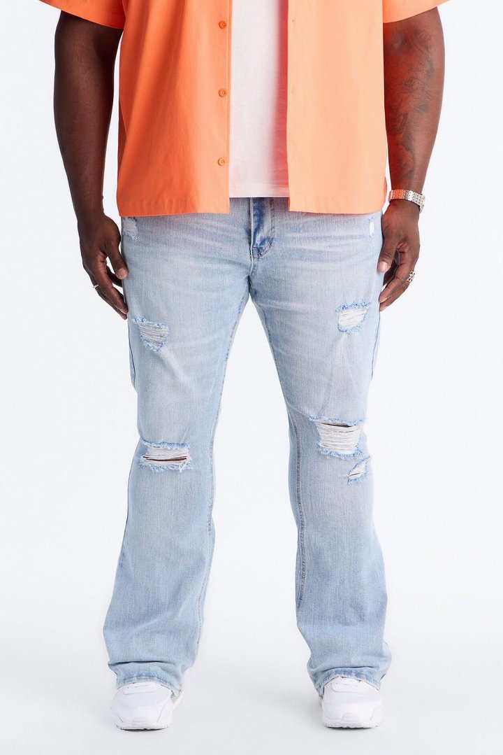 Essential Destroyed Stacked Slim Flare Stretch Jean - Light Blue Wash