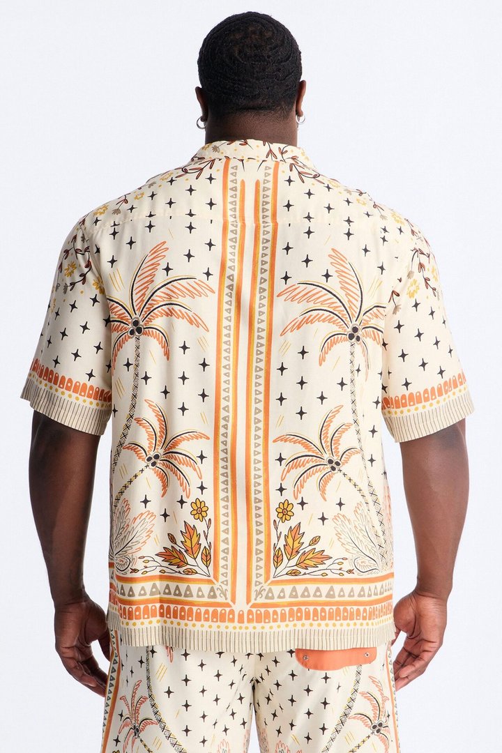 Tropical Twilight Resort Short Sleeve Cuban Collar Shirt - Off White