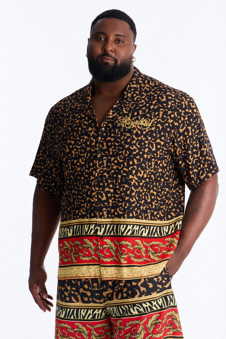 Animal Instincts Paneled Cuban Collar Short Sleeve Shirt - Leopard