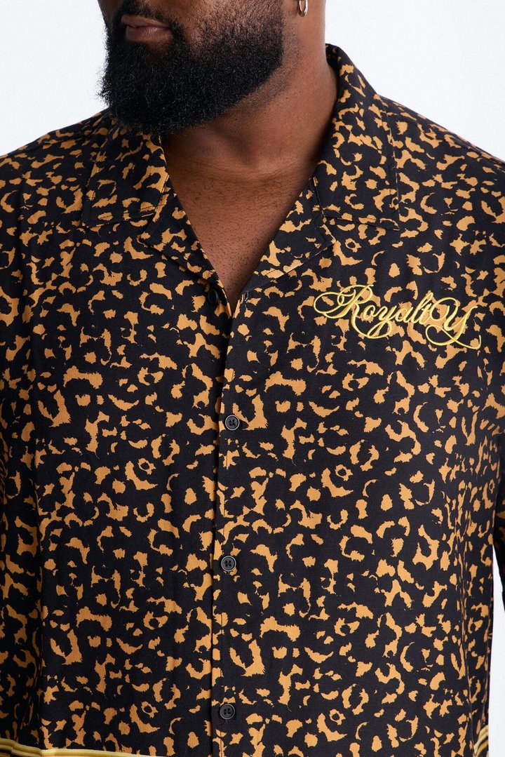 Animal Instincts Paneled Cuban Collar Short Sleeve Shirt - Leopard