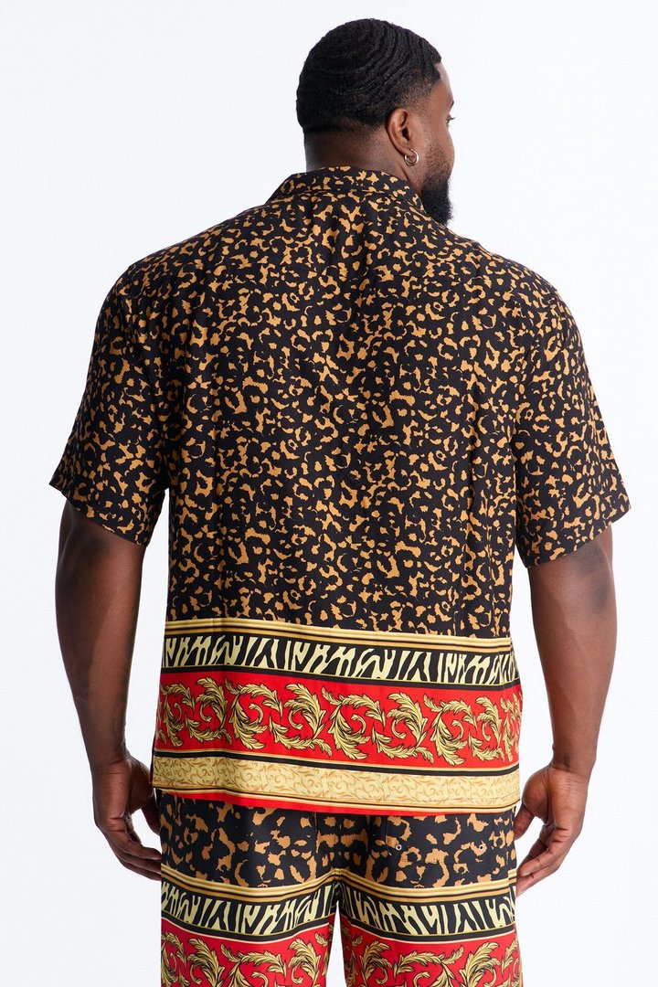 Animal Instincts Paneled Cuban Collar Short Sleeve Shirt - Leopard