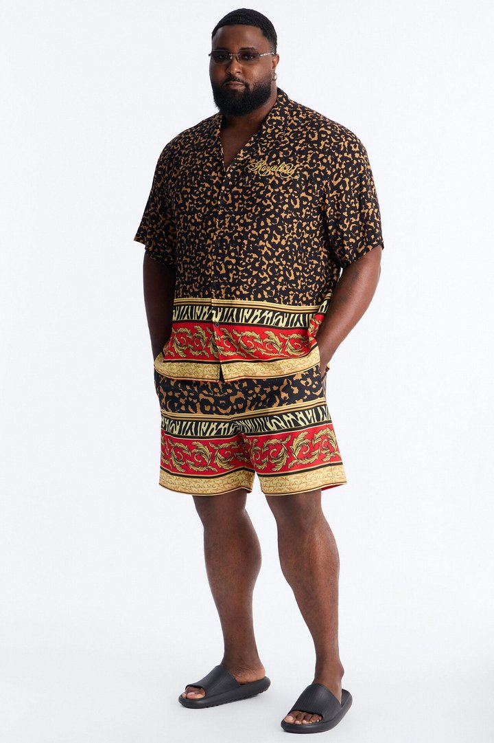 Animal Instincts Paneled Cuban Collar Short Sleeve Shirt - Leopard
