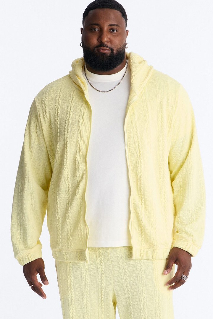 Textured Cozy Braided Hooded Jacket - Butter Yellow