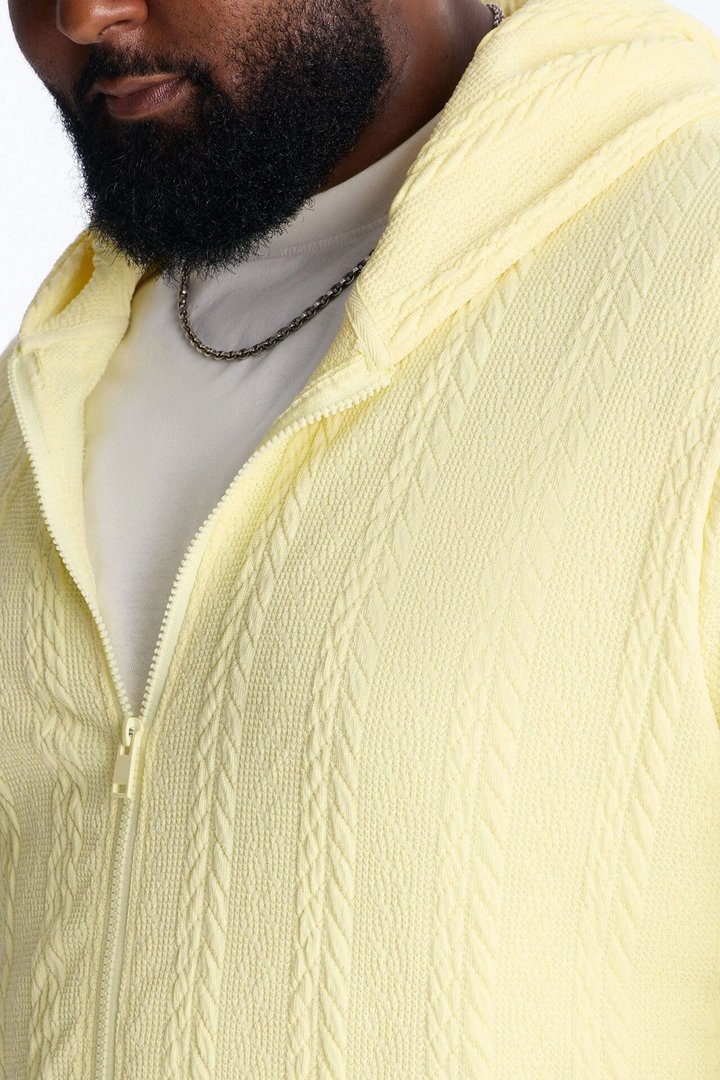 Textured Cozy Braided Hooded Jacket - Butter Yellow