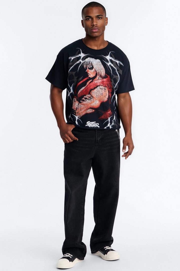 Street Fighter Ken Fiery Style Boxy Short Sleeve Tee - Black
