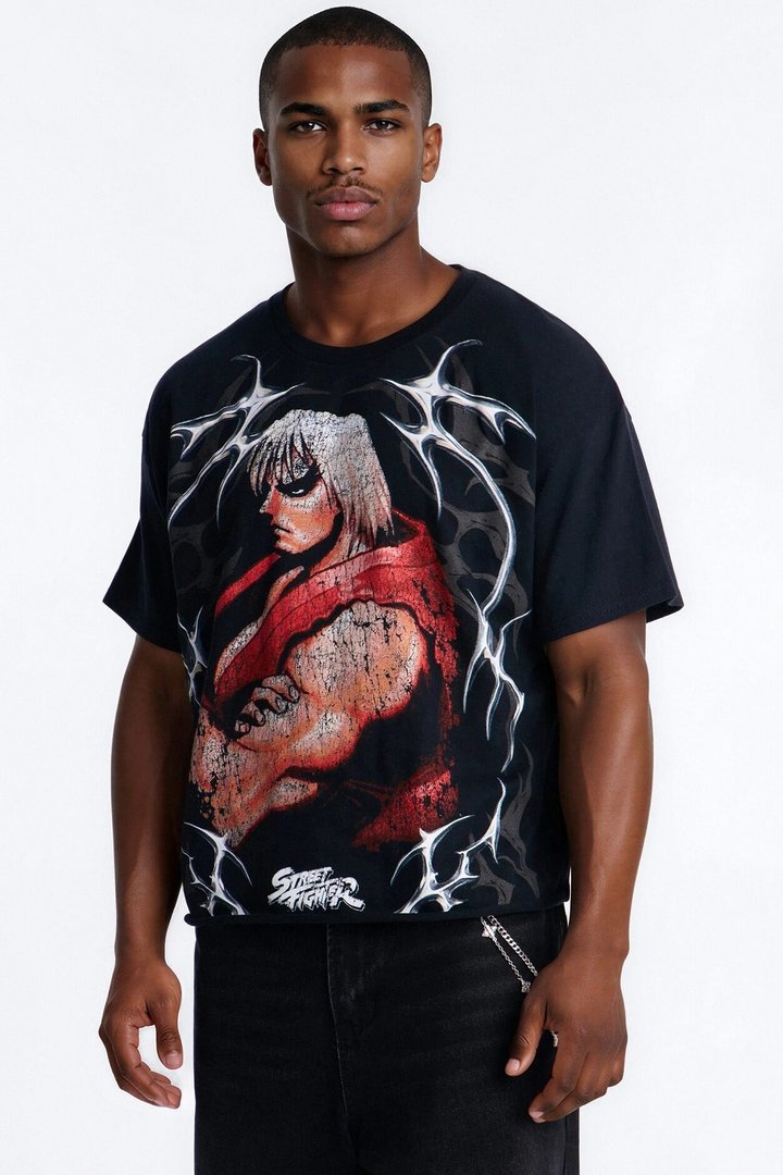 Street Fighter Ken Fiery Style Boxy Short Sleeve Tee - Black