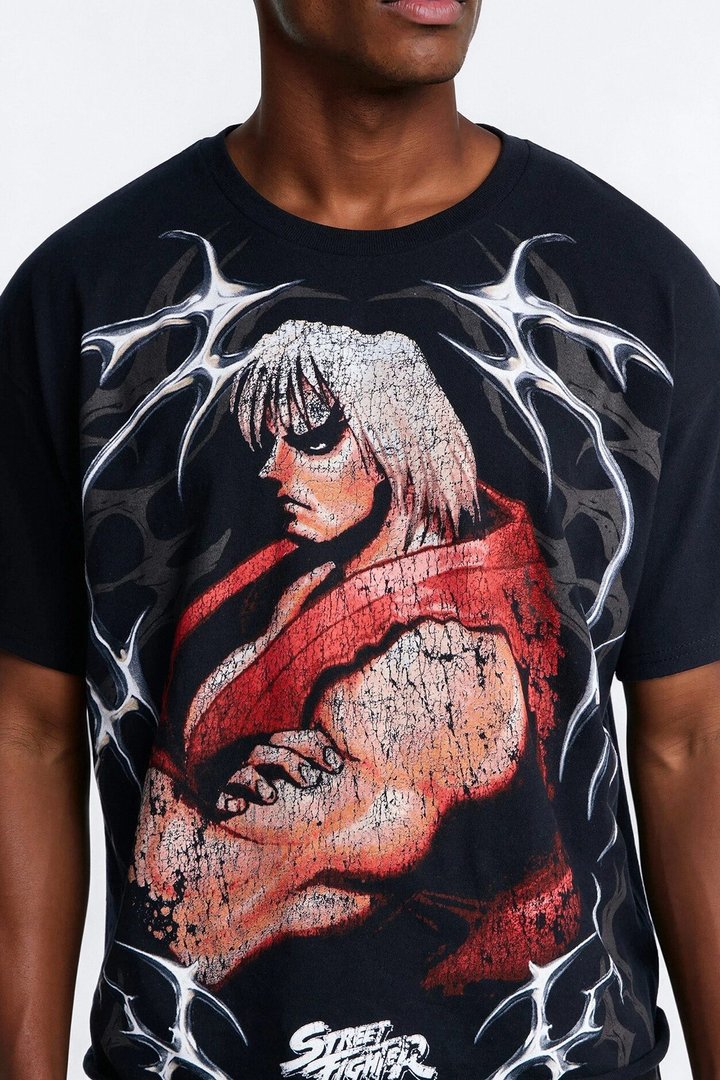 Street Fighter Ken Fiery Style Boxy Short Sleeve Tee - Black