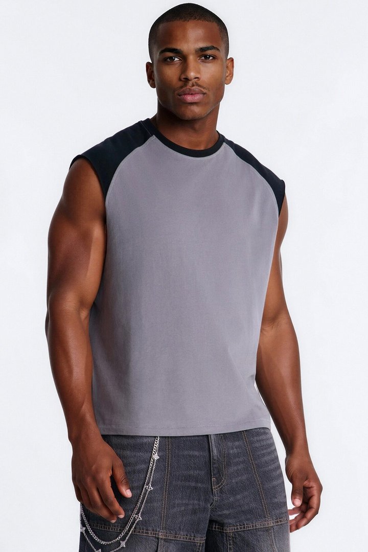 Boxy Raglan Muscle Tee - Grey/Black