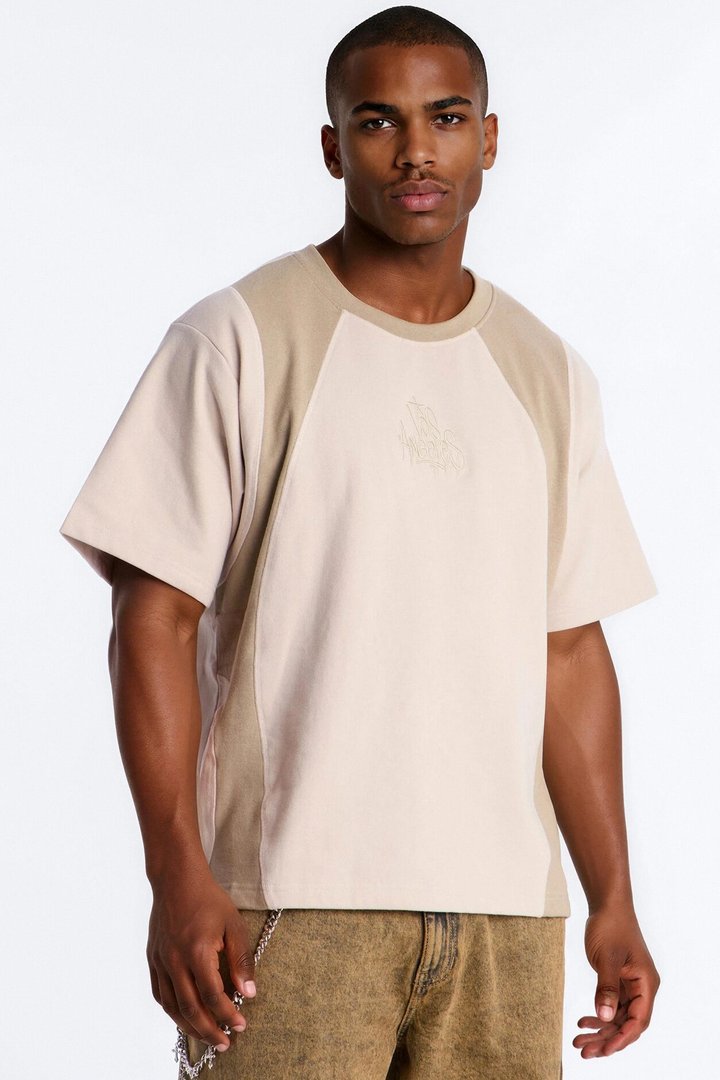 LA Embroidery Paneled Fleece Tee - Tan