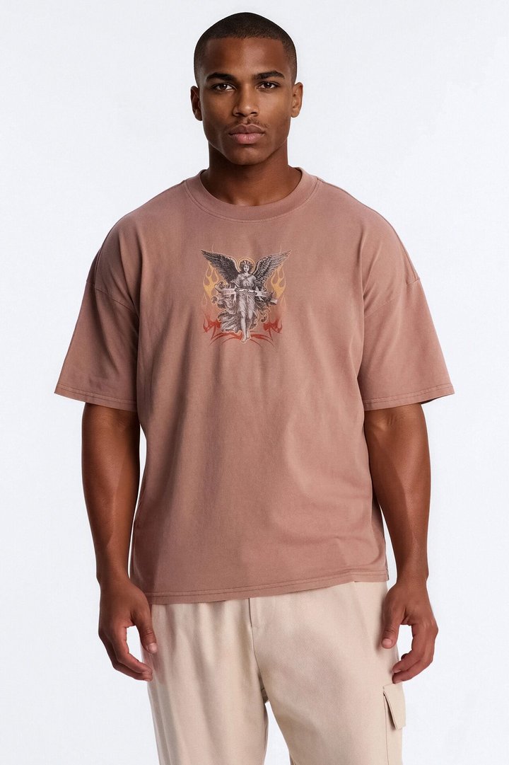 Los Angeles Angel Vintage Print Short Sleeve Tee - Brown