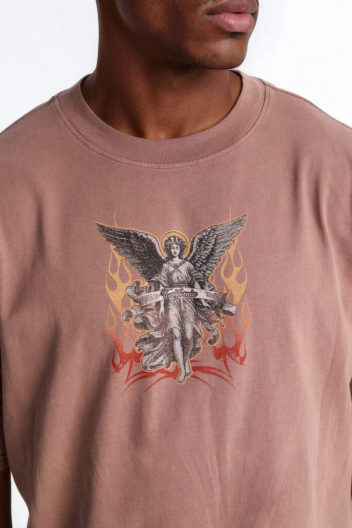 Los Angeles Angel Vintage Print Short Sleeve Tee - Brown