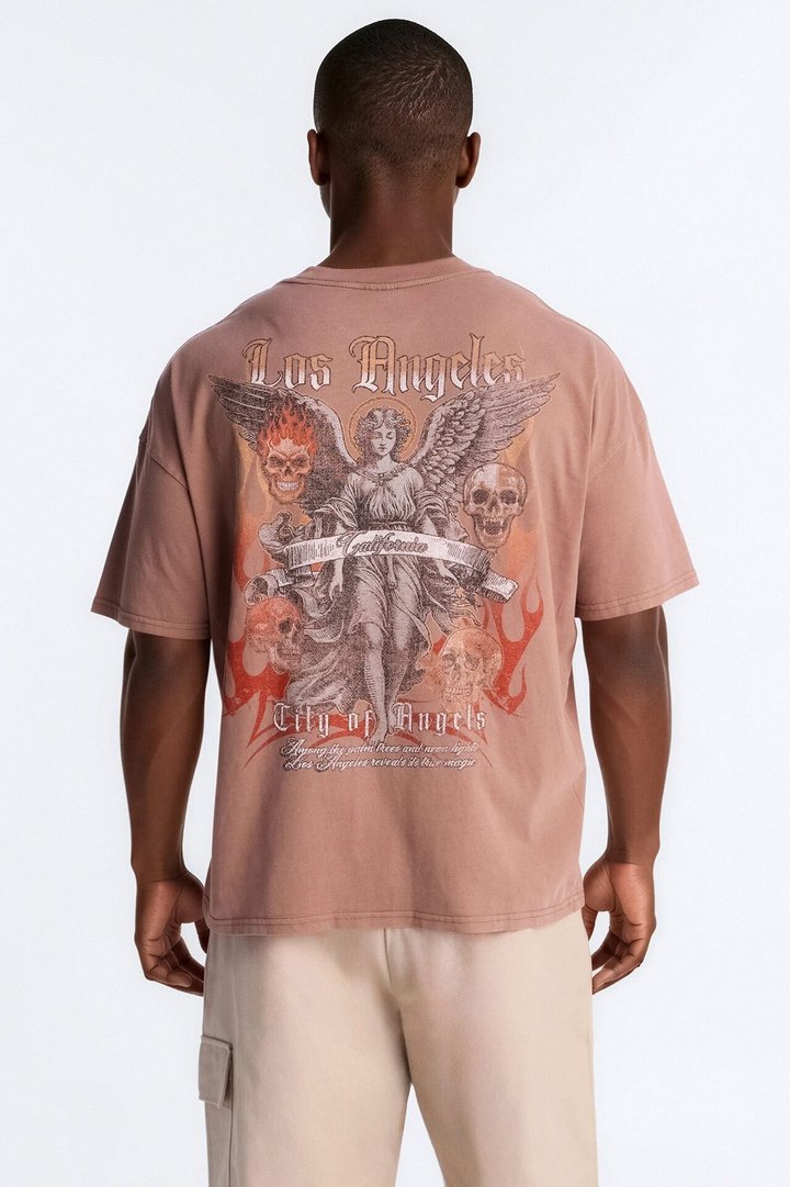 Los Angeles Angel Vintage Print Short Sleeve Tee - Brown