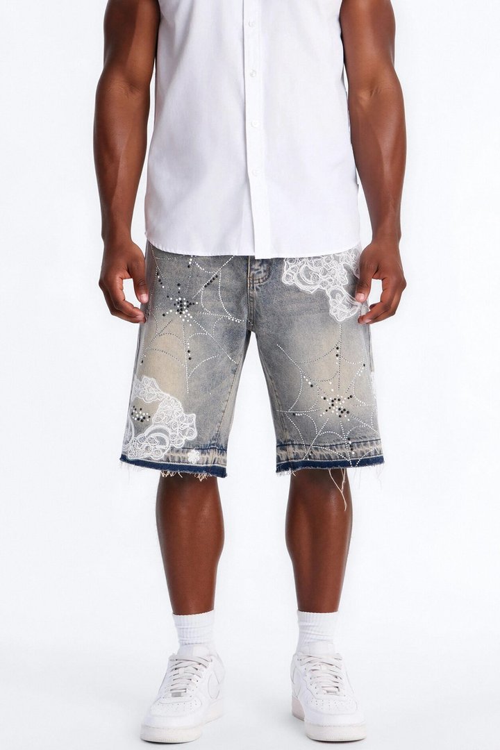 Lace Trap Rhinestone Baggy Denim Short - Light Blue Wash
