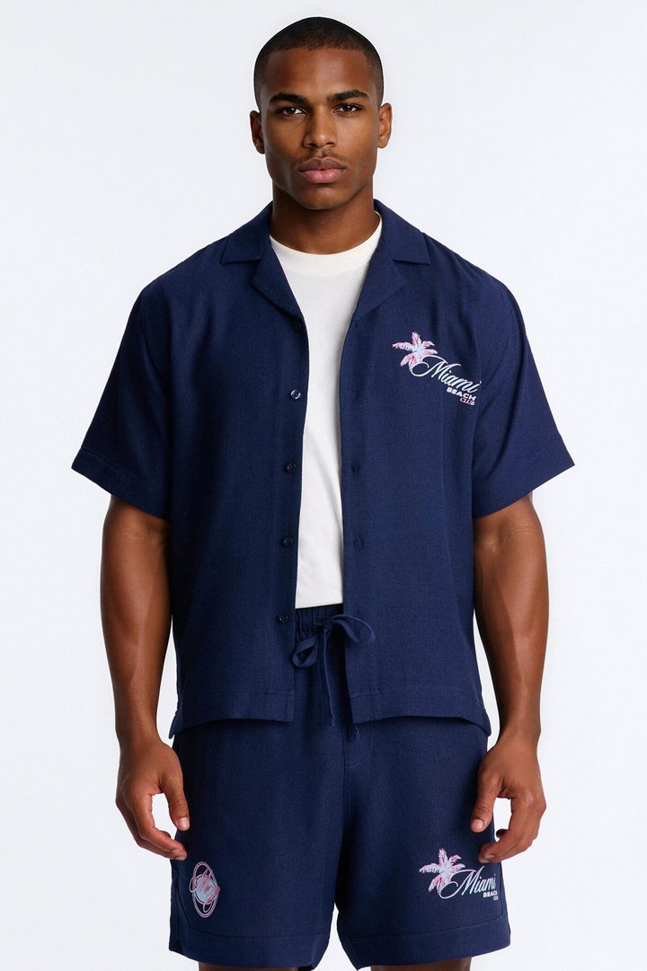 Miami Beach Club Button Up Shirt - Navy