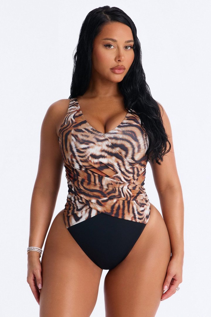 Unstoppable Wild Catch Mesh Cutout 1 Piece Swimsuit - Brown/combo