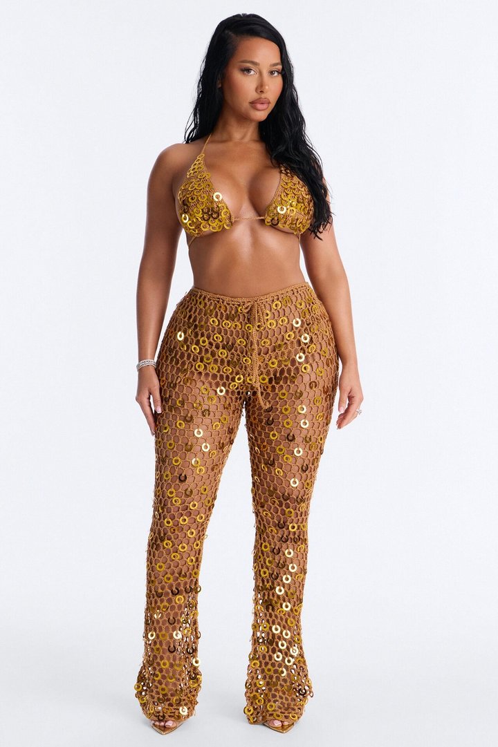 Out Here Bikini And Coverup Pant Set - Gold