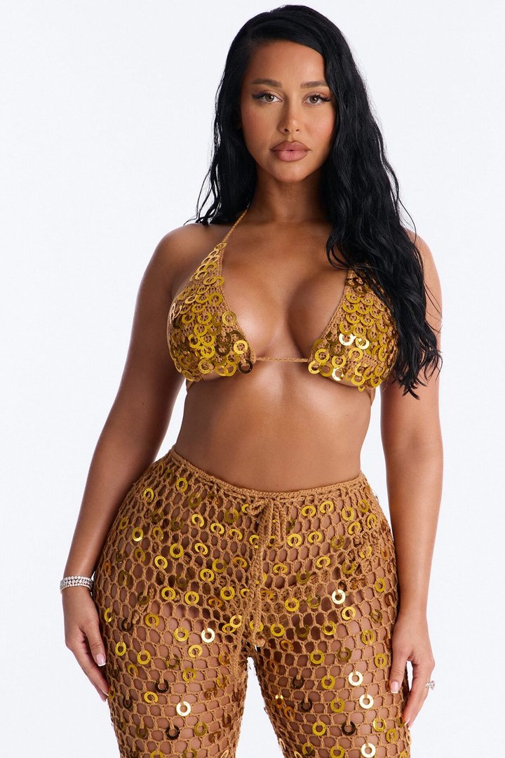 Out Here Bikini And Coverup Pant Set - Gold