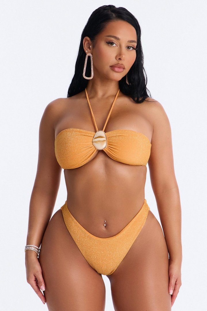 See Me Shimmer Hardware High Slit 3 Piece Bikini Skirt Set - Orange
