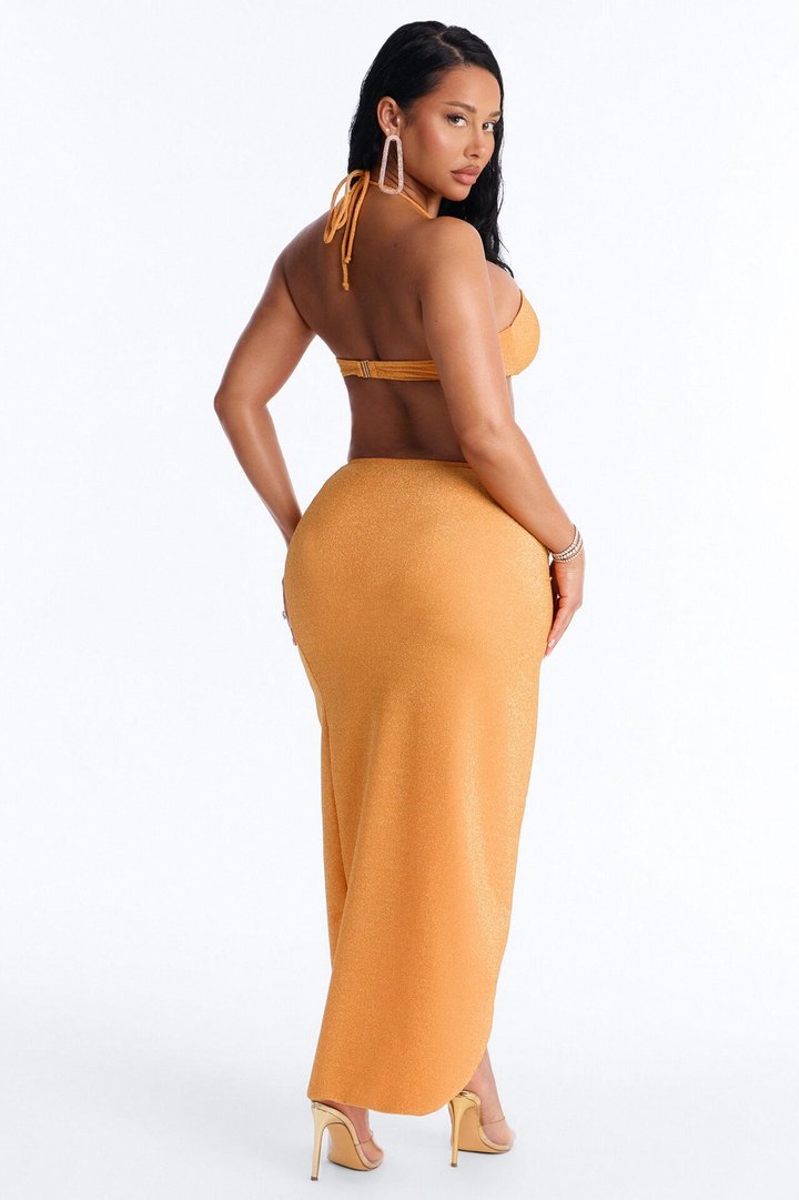 See Me Shimmer Hardware High Slit 3 Piece Bikini Skirt Set - Orange