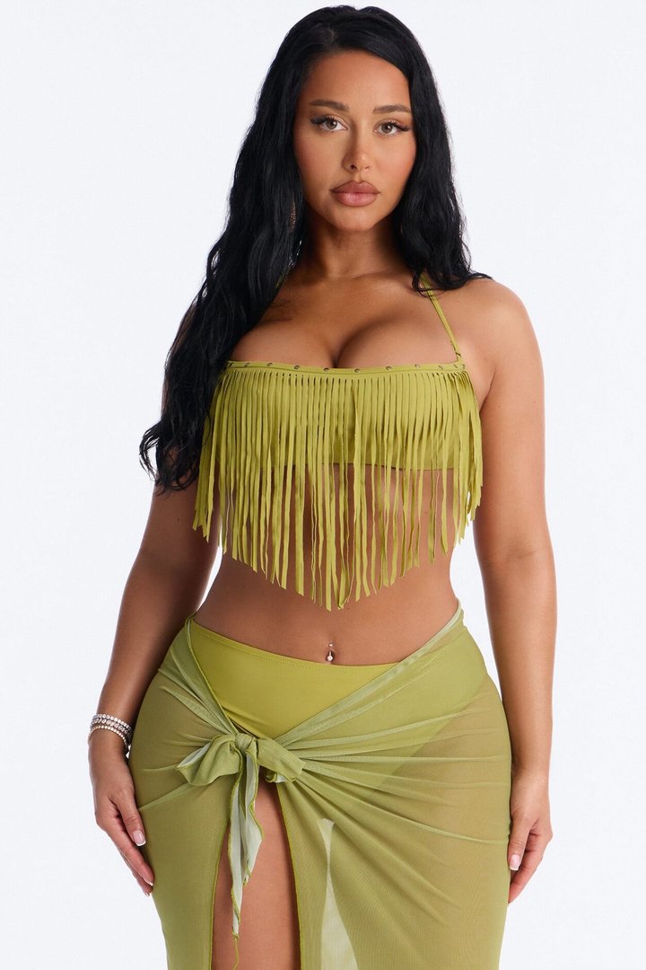 Cabana Cooldown 3 Piece Fringe Bikini Set - Olive