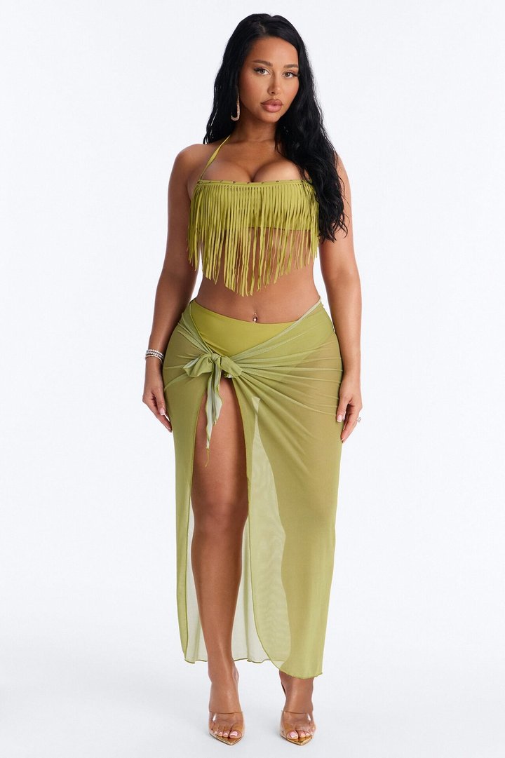 Cabana Cooldown 3 Piece Fringe Bikini Set - Olive