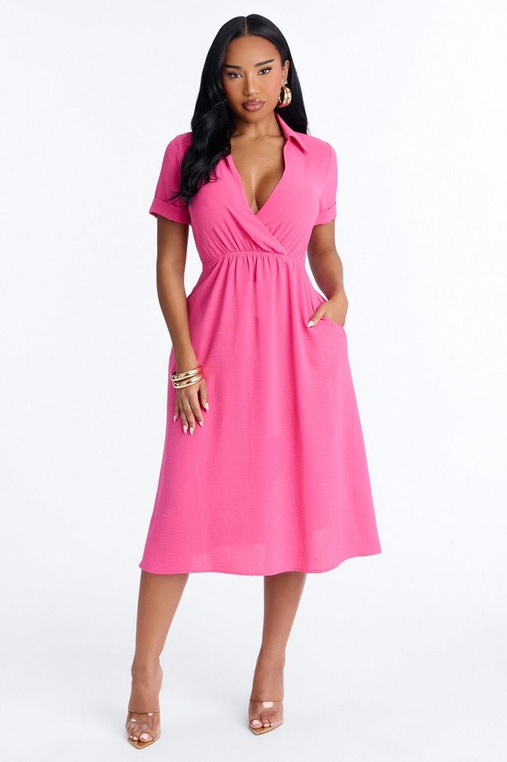 Caroline Cinched Midi Dress - Hot Pink