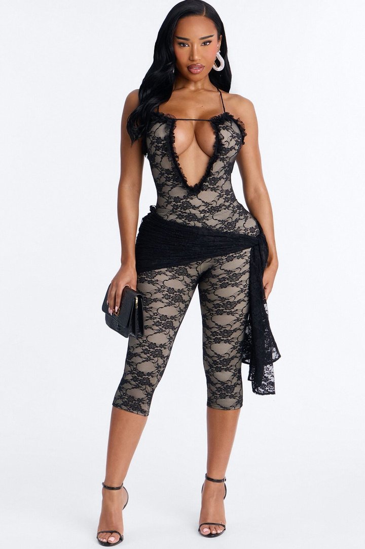 Ariella Lace Bodysuit Capri Set - Black