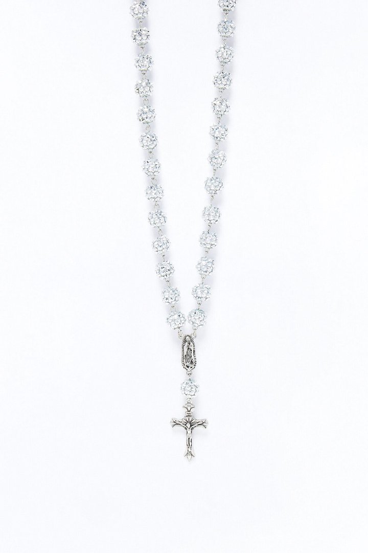 Flash Out Iced Beaded Rosary Chain Necklace - Silver