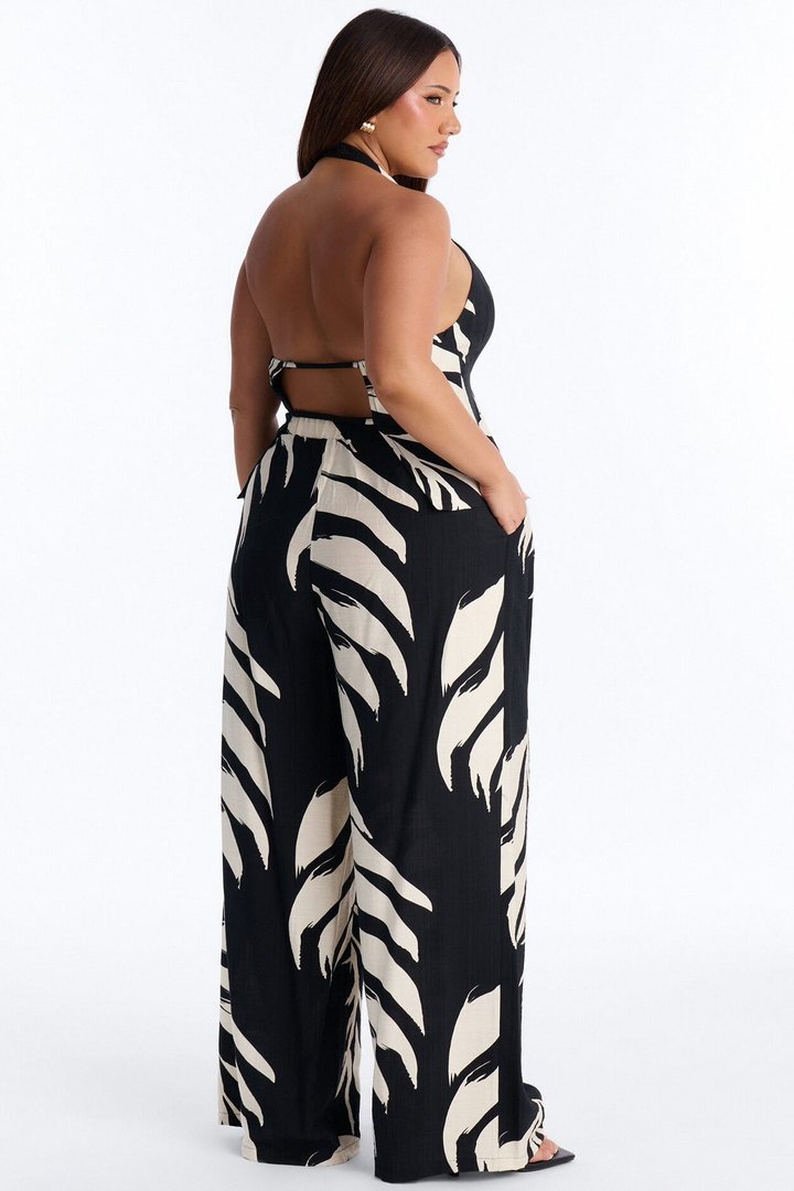 Palm Shadows Linen Belted Pant Set - Black/combo