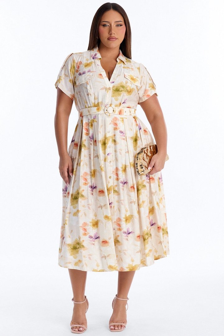 April Belted Floral Midi Dress - White/combo