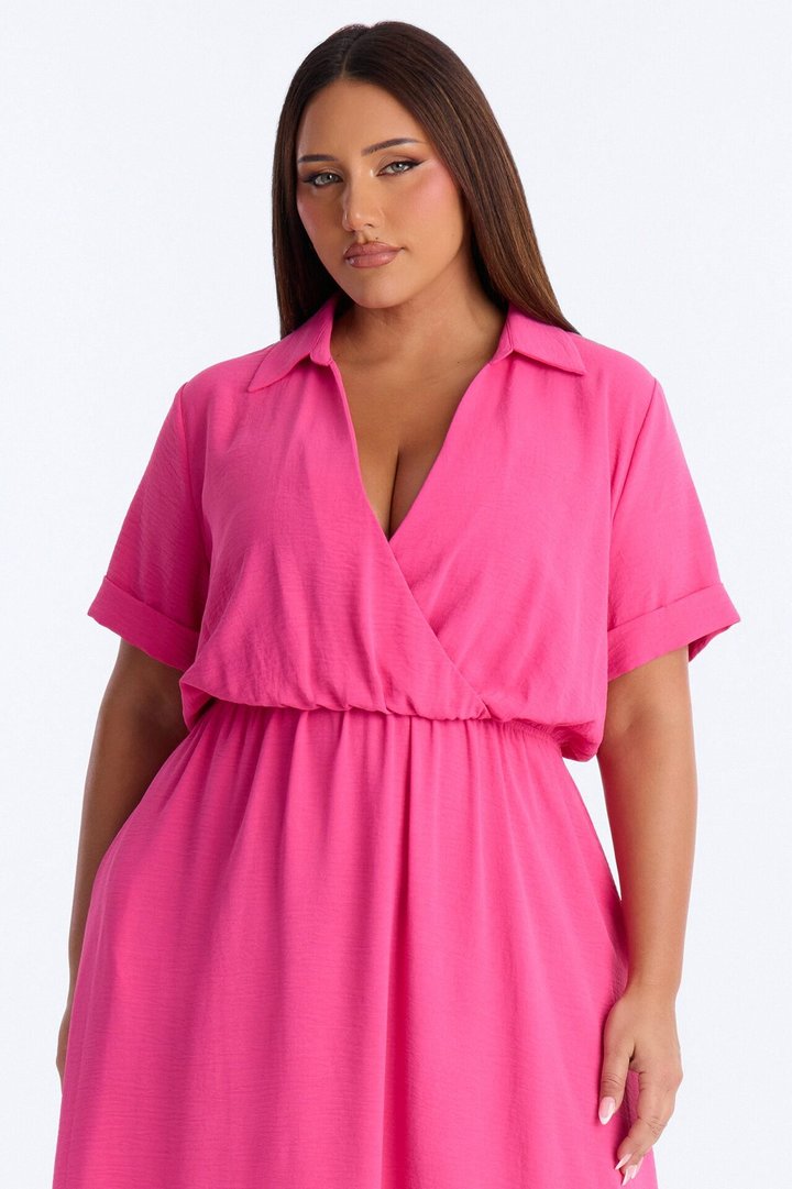 Caroline Cinched Midi Dress - Hot Pink