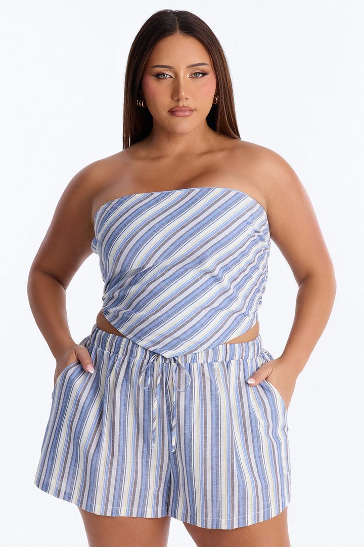 Leila Striped Strapless Linen Short Set - Blue/combo
