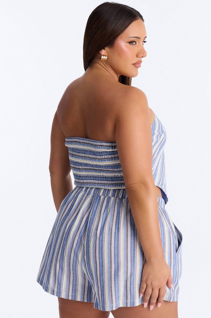 Leila Striped Strapless Linen Short Set - Blue/combo