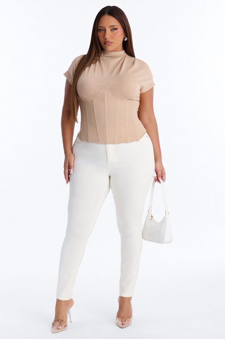 Serene Sculpt Mock Neck Short Sleeve Corset Top - Taupe