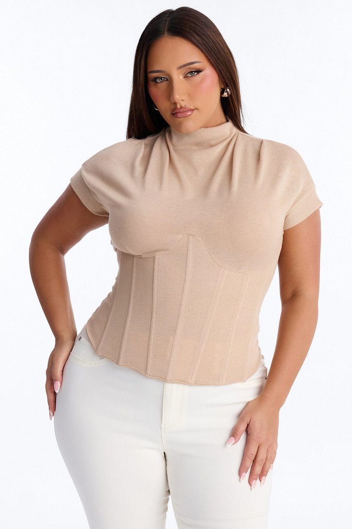 Serene Sculpt Mock Neck Short Sleeve Corset Top - Taupe