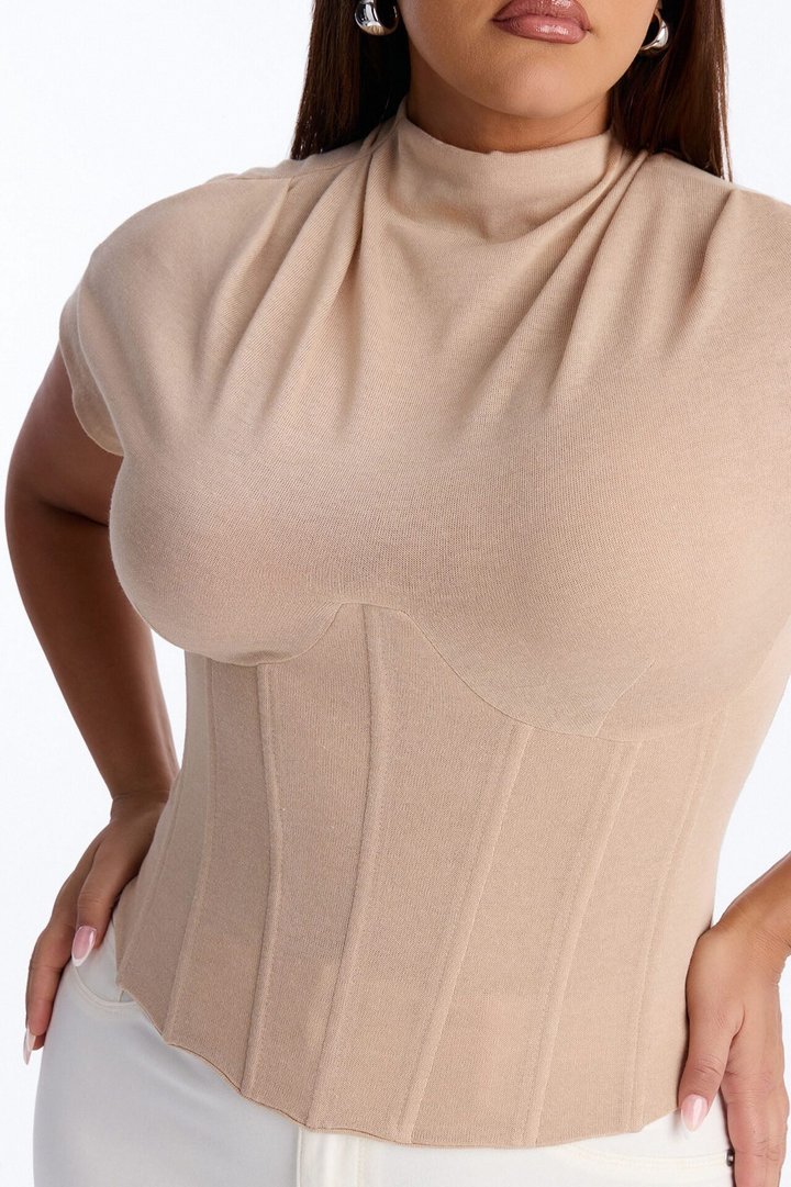 Serene Sculpt Mock Neck Short Sleeve Corset Top - Taupe