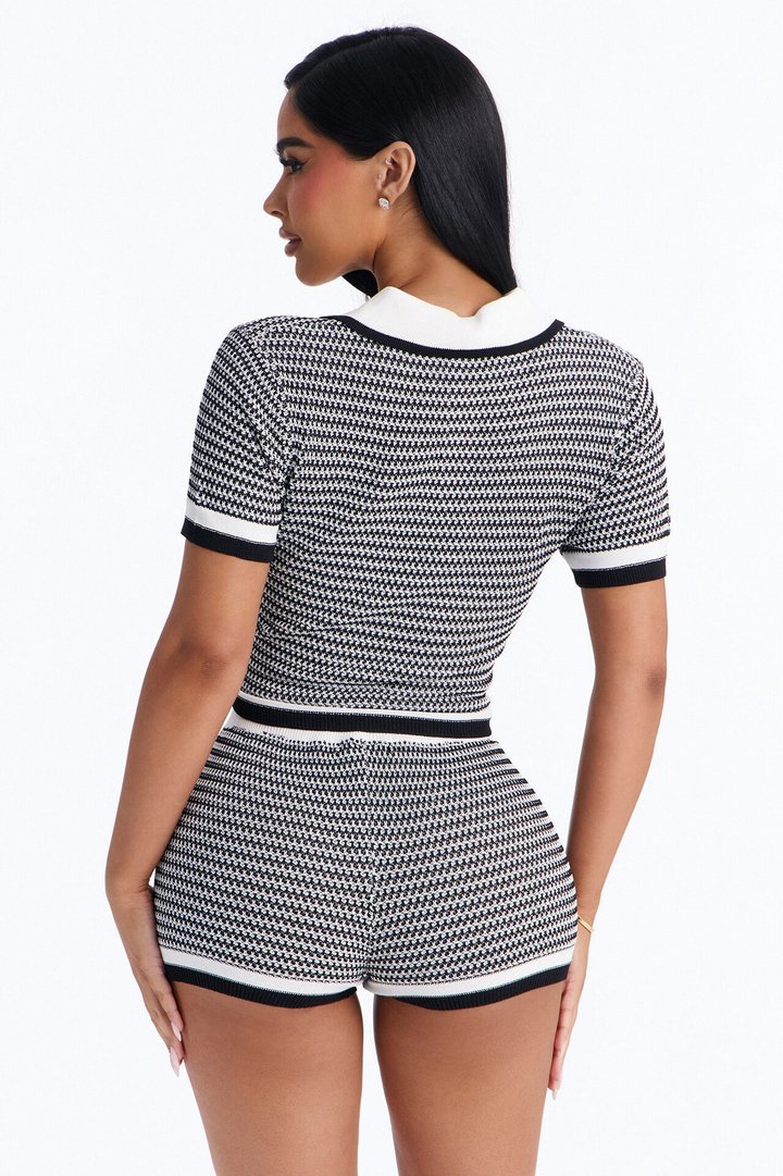 Alessia Crochet Polo And Mini Short Set - Black/White