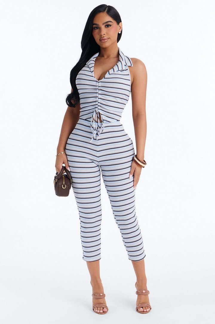 Mya Striped Thermal Capri Set - Blue/combo