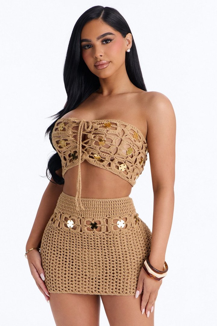 Lea Embellished Crochet Skirt Set - Taupe