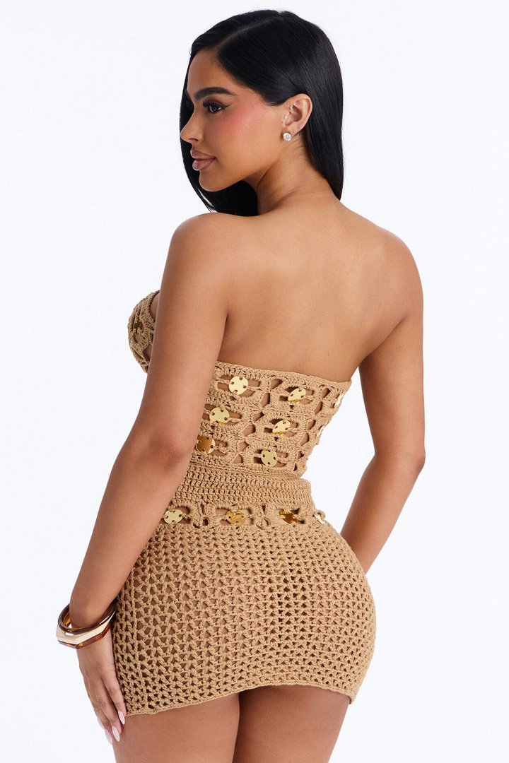 Lea Embellished Crochet Skirt Set - Taupe