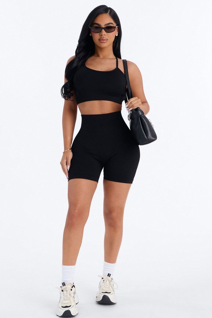 Never Settle Seamless Sports Bra Biker Short Set - Black