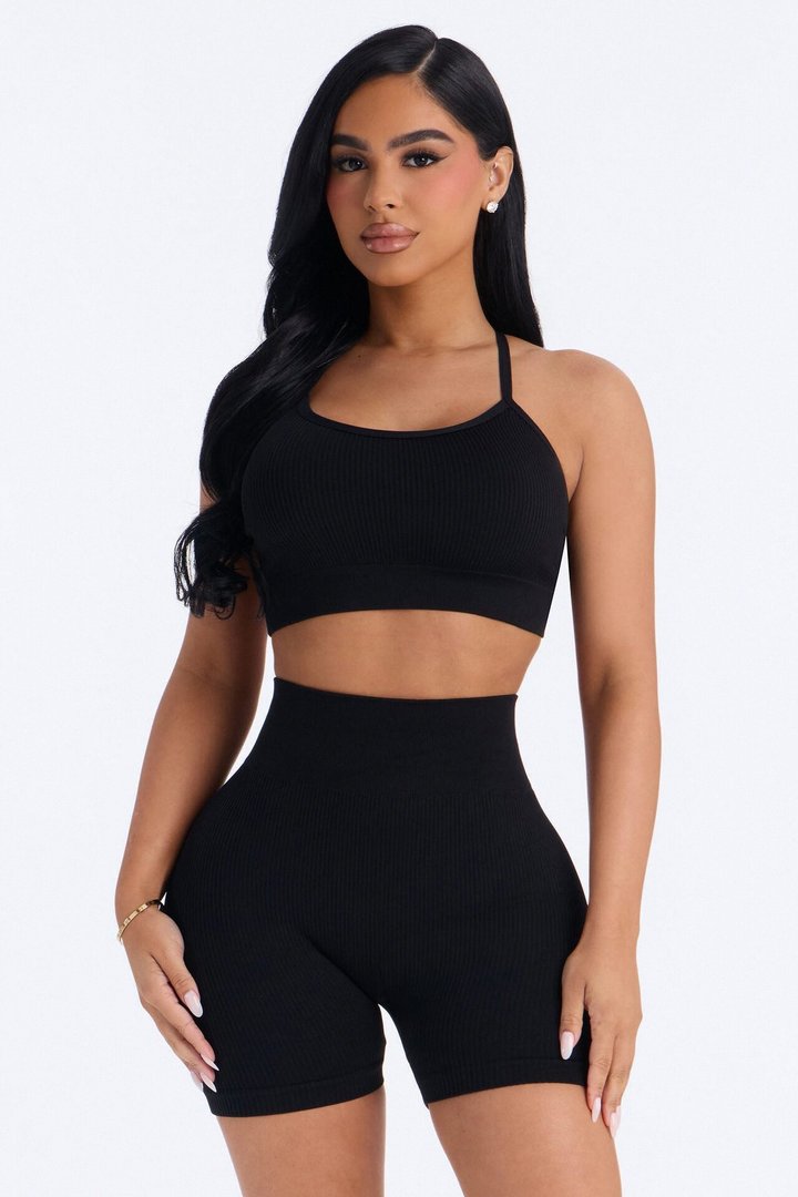 Never Settle Seamless Sports Bra Biker Short Set - Black