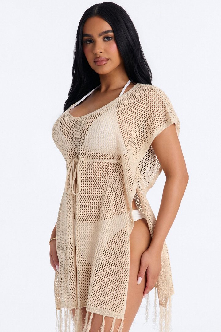 Umbrella In My Cup Tassel Trim Crochet Swim Cover Up Dress - Tan