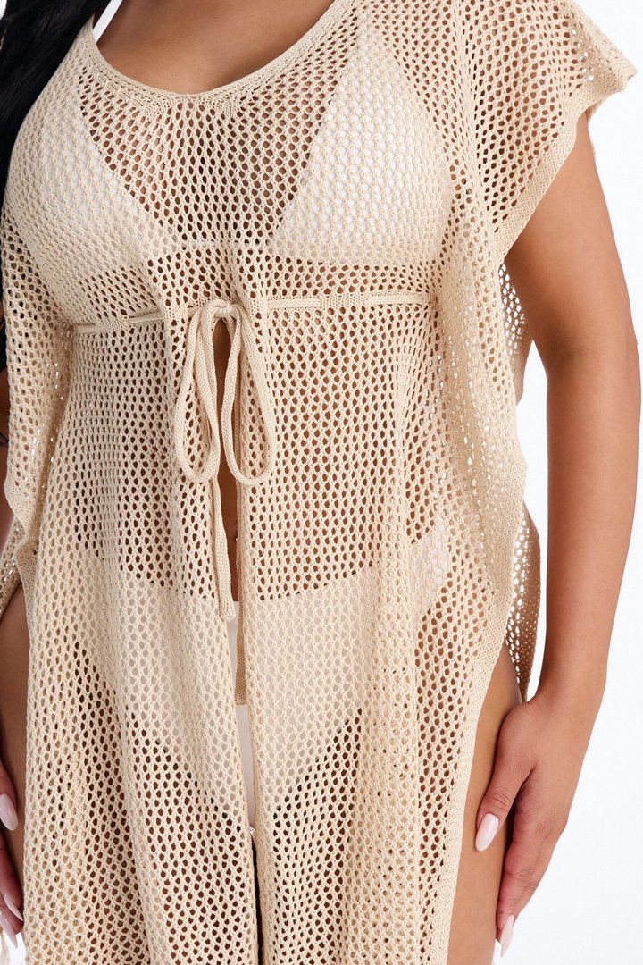 Umbrella In My Cup Tassel Trim Crochet Swim Cover Up Dress - Tan